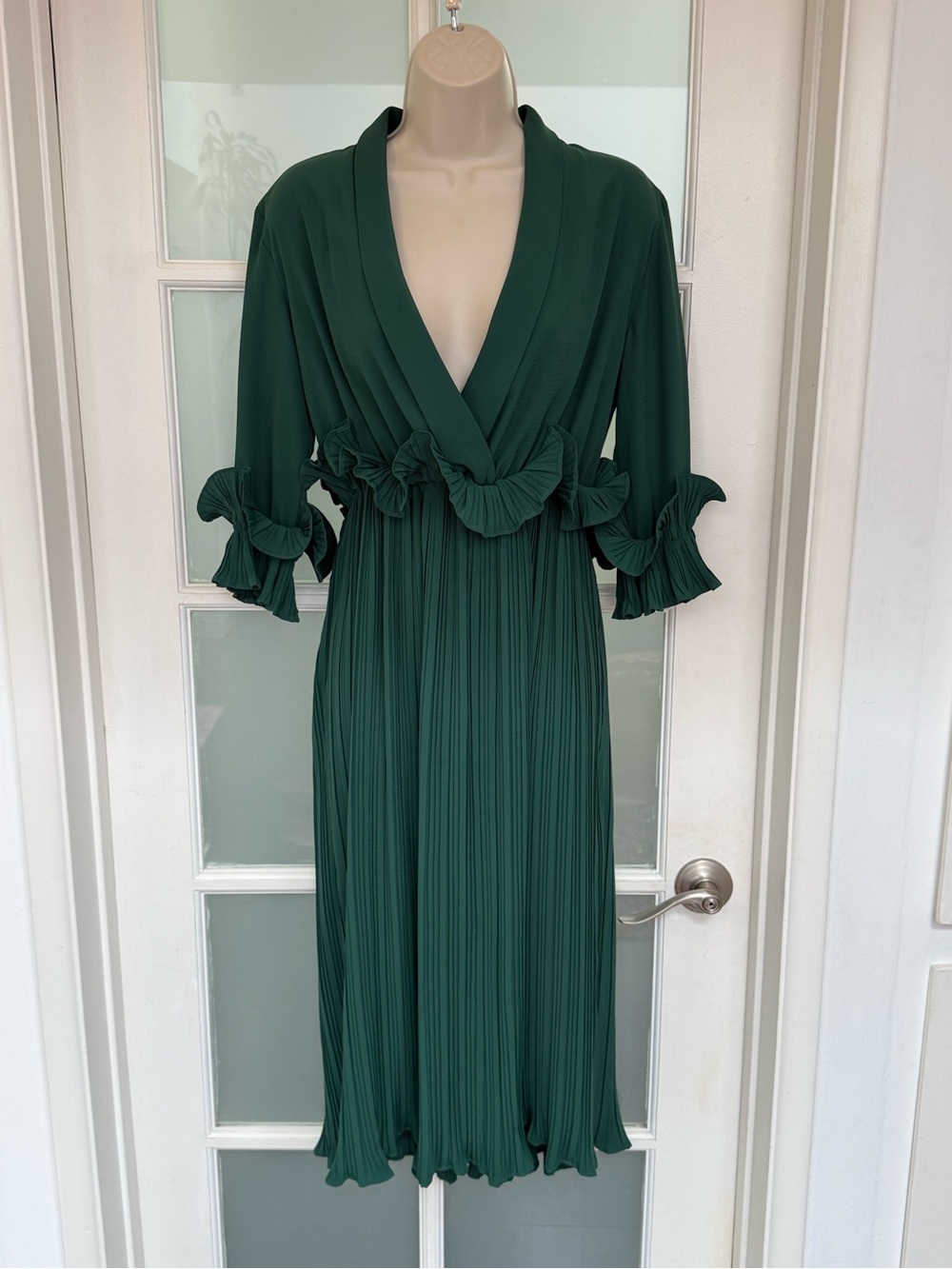 PrettyLittleThing Dark Green Pleated Ruffle Midi Dress